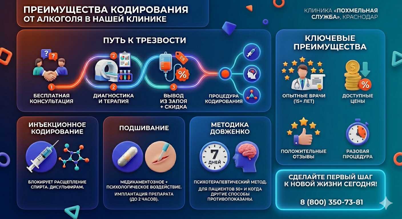 Инфографика о методах кодирования от алкоголя в Нижнем Казанище: инъекции, подшивание, метод Довженко. Преимущества клиники и этапы лечения.