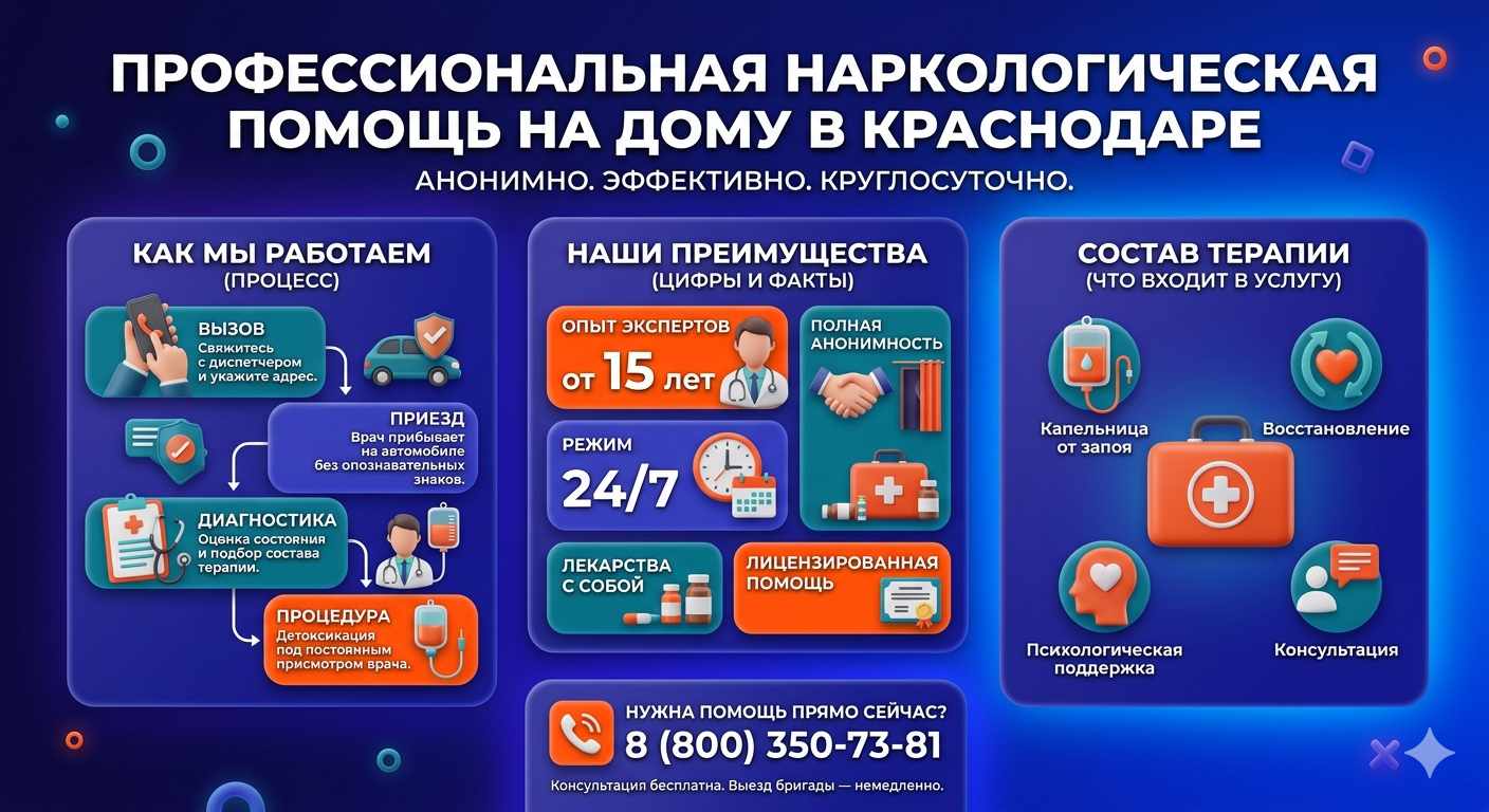 Инфографика о принципах лечения алкоголизма на дому в Нижнем Казанище: этапы вызова нарколога, преимущества анонимной детоксикации и состав медицинской помощи.